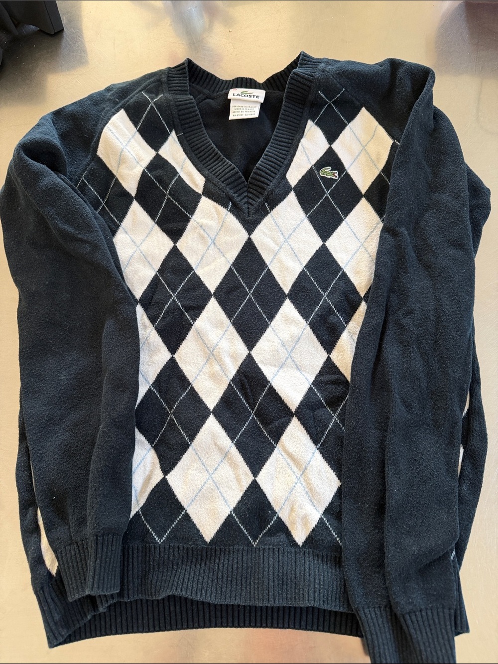 Lacoste woman’s Navy, White & Light Blue Argyle V-Neck sweater cotton size 40
